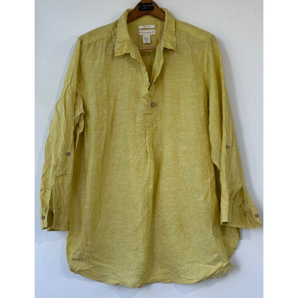 Cynthia Rowley Linen Tunic Roll Tab Sleeve Shirt Top Womens 2X Lime Excellent